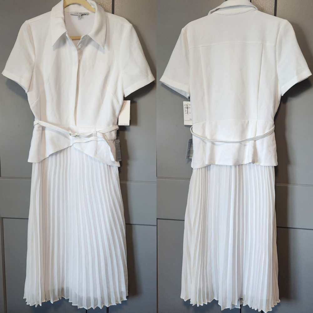 New Julia Jordan Ivory Mixed Media Pleated Midi Shirt Dress 10 NWT Old Money